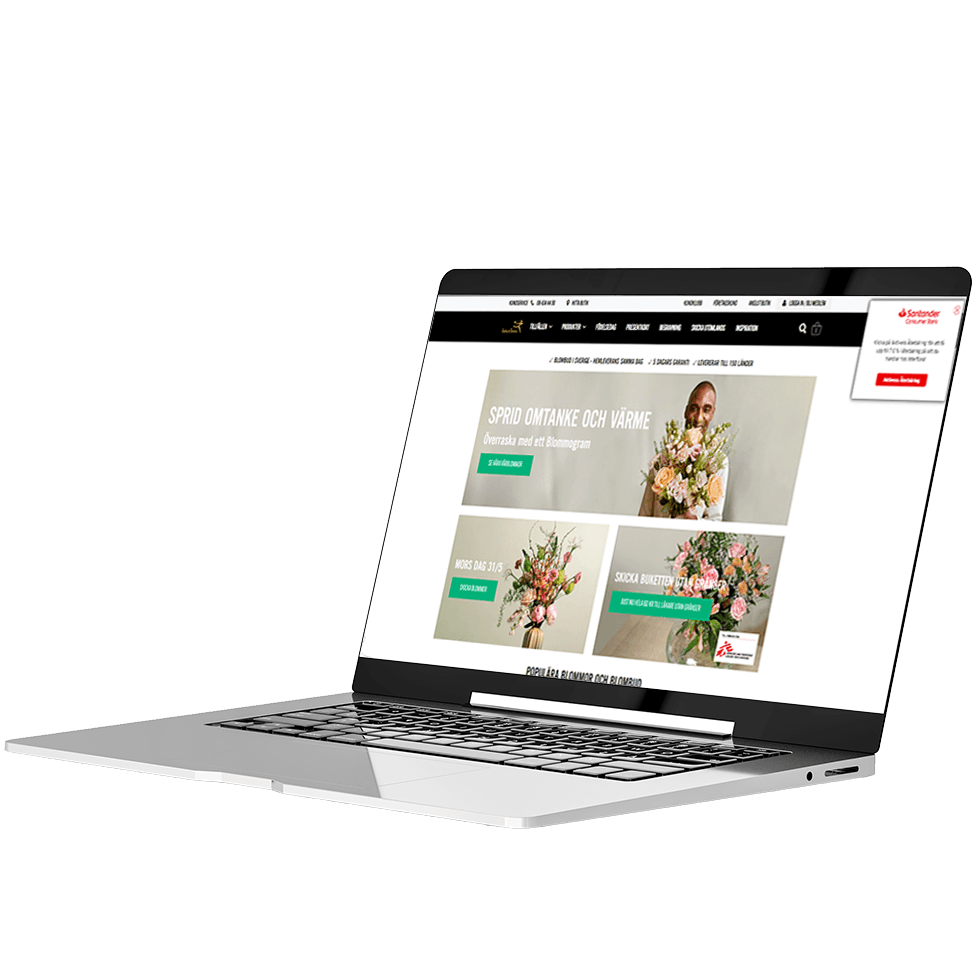 Laptop med webbutik på skärmen och Santanders shoppingassistent aktiverad
